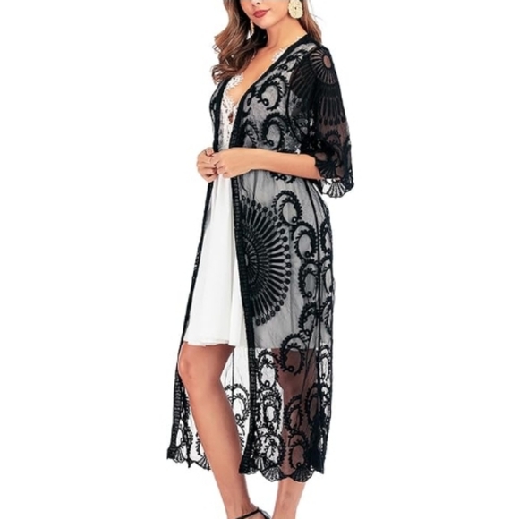 Long Flowy Lace Kimono Cardigan Boho Style Open Cover Ups Black - Picture 5 of 5